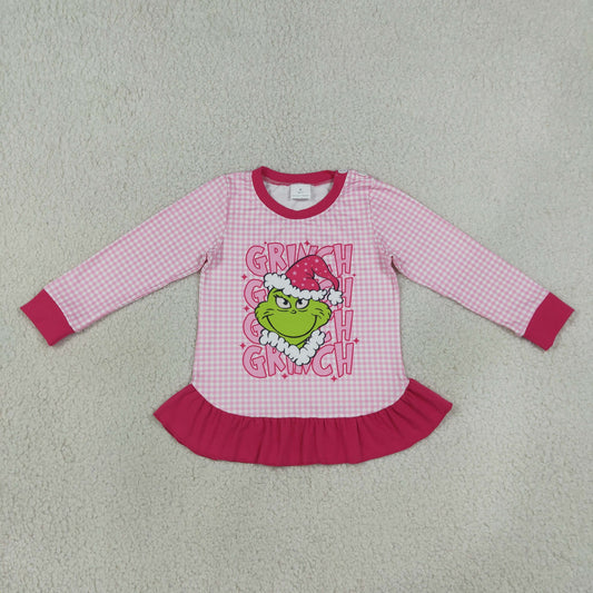 GT1154 Christmas Grinch Rose Red Ruffle Plaid Long Sleeve Girls Tops 202608 RTS