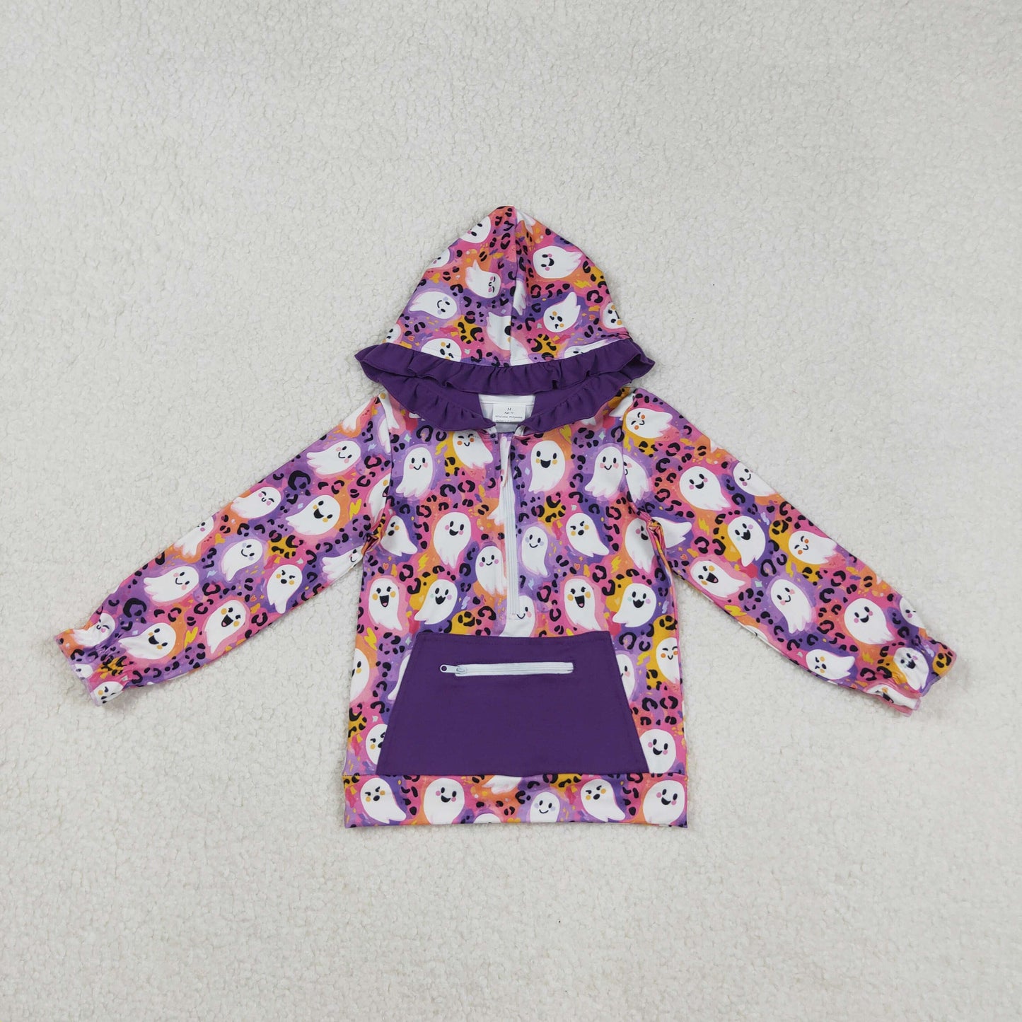 GT1155 Halloween Ghost Zippy Collar Purple Ruffle Hooded Long Sleeve Girls Tops 202508 RTS
