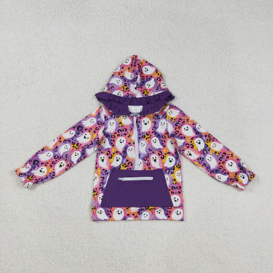 GT1155 Halloween Ghost Zippy Collar Purple Ruffle Hooded Long Sleeve Girls Tops 202508 RTS