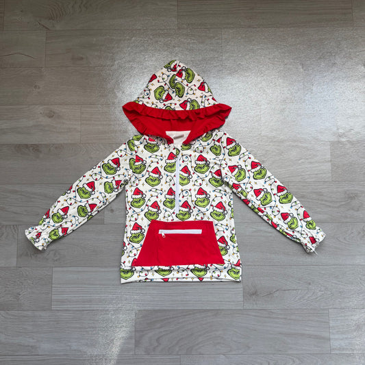 NO MOQ Preorder GT1163 Christmas Grinch Hooded Red Ruffle Long Sleeve Girls Tops 202607