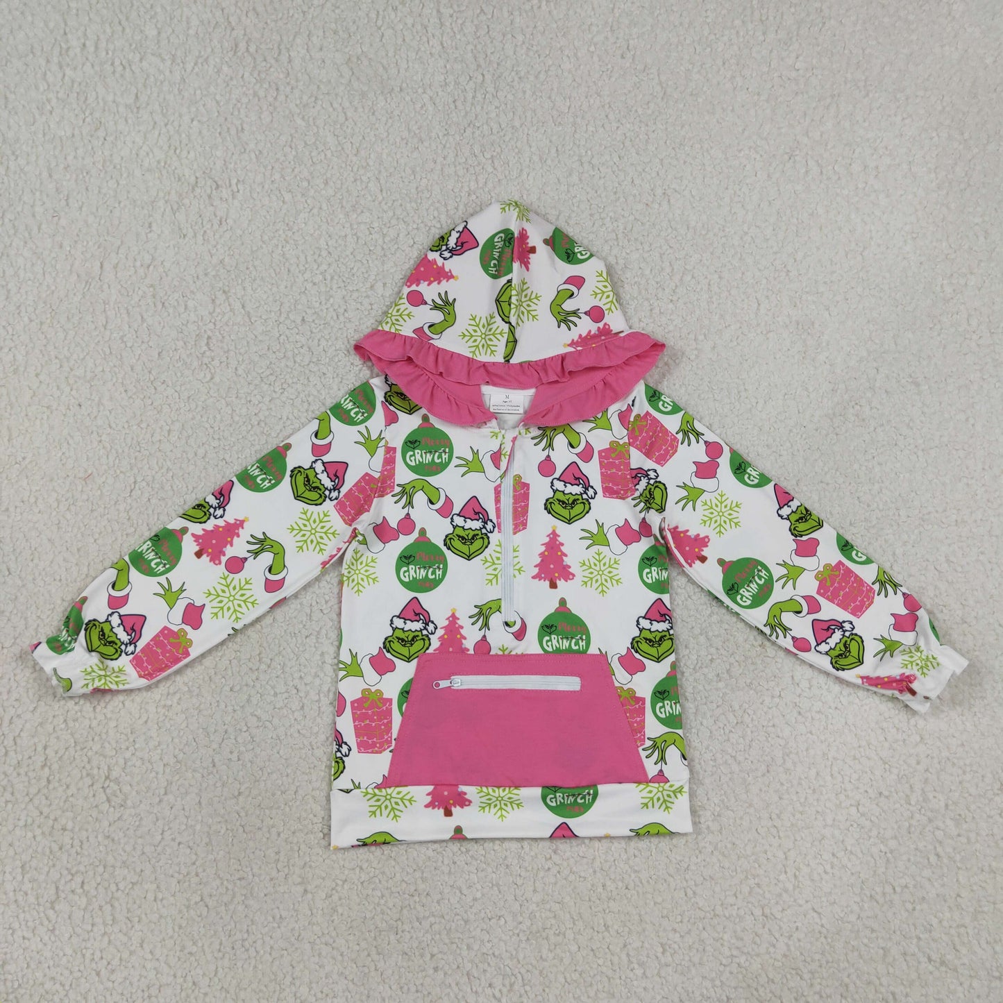 GT1164 Christmas Grinch Hooded Rose Red Ruffle Long Sleeve Girls Tops 202608 RTS