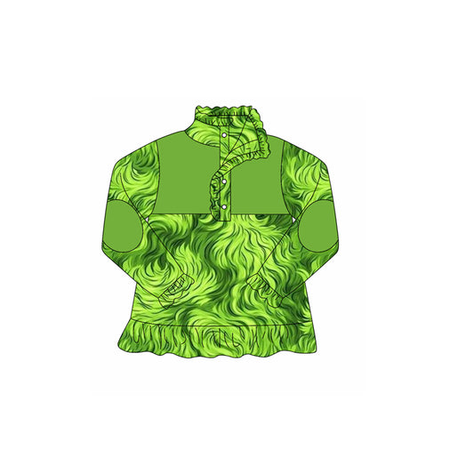 preorder GT1168 Christmas Grinch Fur Green Button Collar Ruffle Long Sleeve Girls Top 202508 Sibling