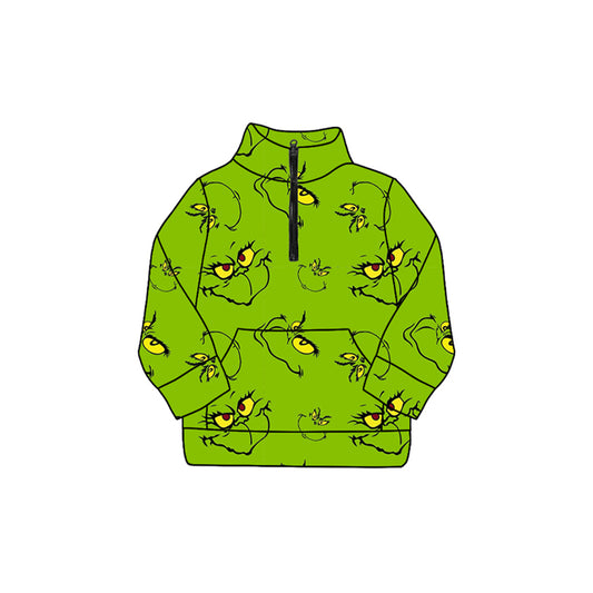 Preorder GT1170 Christmas Grinch Green Zipper Collar Long Sleeve Girls Tops 202508