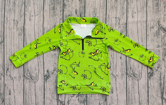 NO MOQ Preorder GT1170 Christmas Grinch Green Zipper Collar Long Sleeve Girls Tops 202508