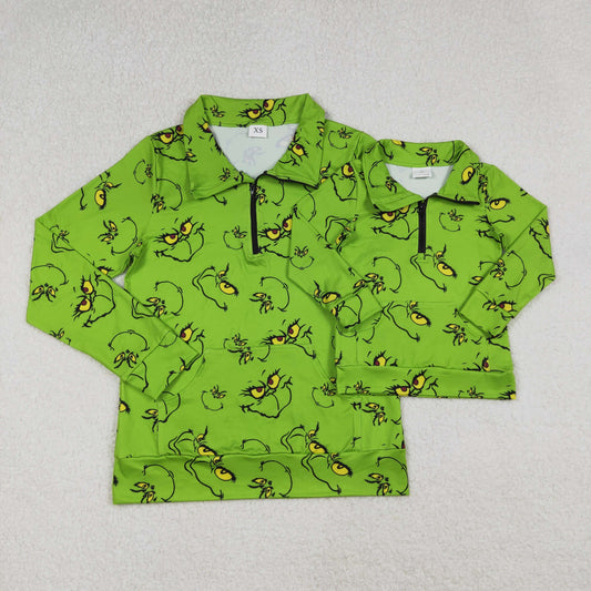 GT1173 Adult female Christmas Grinch Green Zipper Collar Long Sleeve Top 202509 RTS