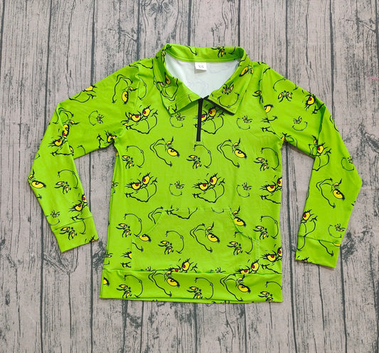 NO MOQ GT1173 preorder Adult female Christmas Grinch Green Zipper Collar Long Sleeve Top 202508