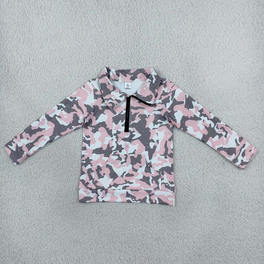 GT1178 Hunting Camo Pink Zipper Yoga Kids Girls Pullover