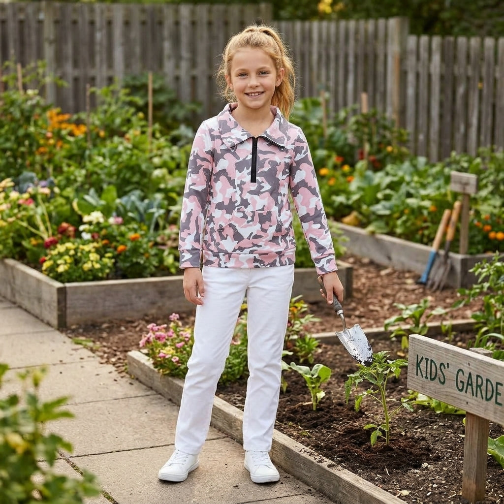 GT1178 Hunting Camo Pink Zipper Yoga Kids Girls Pullover