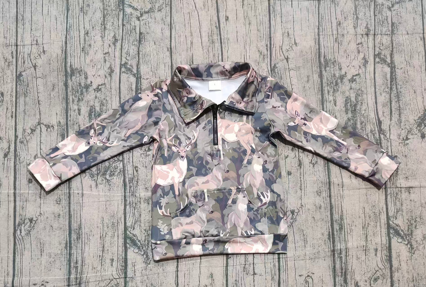NO MOQ preorder GT1180 Girls Boutique Deer Hunting Gray Green Yoga Zip-Up Collar Long Sleeve Top 202510