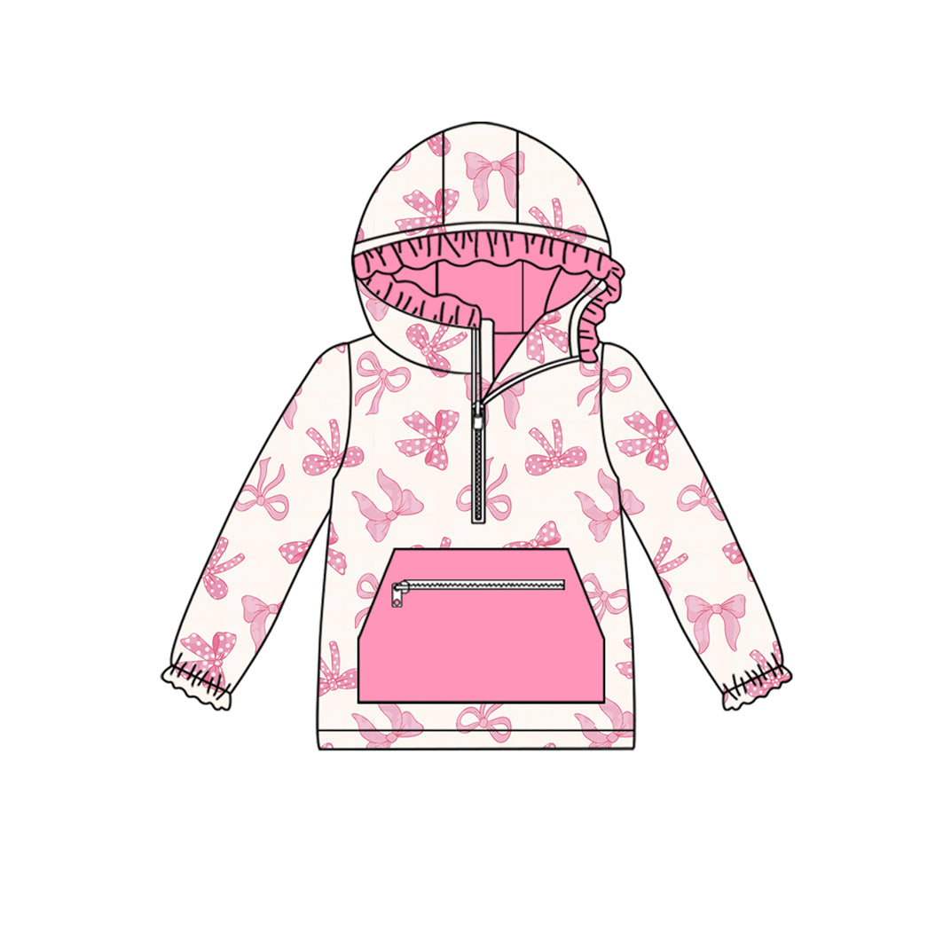 MOQ 8  Preorder GT1191 Pink Pocket Bows Ruffle Zip up Collar Hooded Long Sleeve Girls Tops 202508
