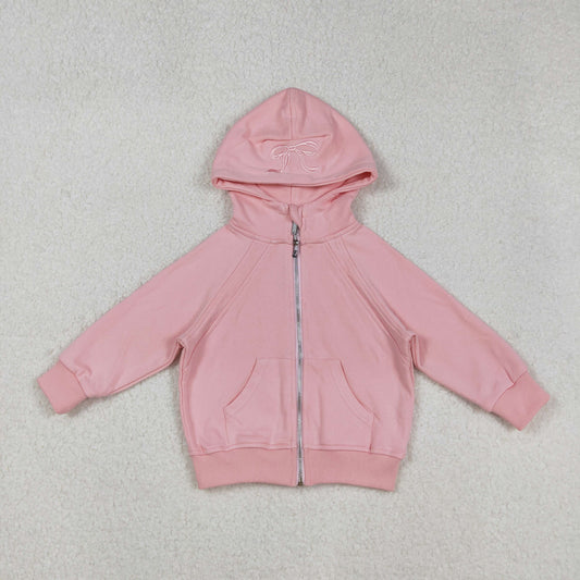 Free Shipping Over $100 GT1201 Embroidered Bows Pink Zip up Collar Long Sleeve Girls Autumn Winter Tops