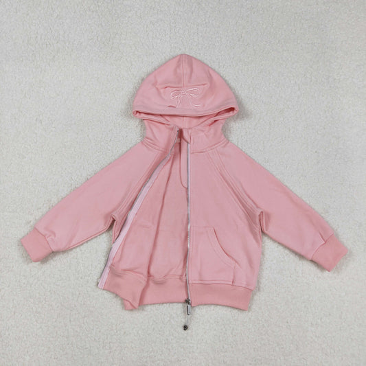 Free Shipping Over $100 GT1201 Embroidered Bows Pink Zip up Collar Long Sleeve Girls Autumn Winter Tops