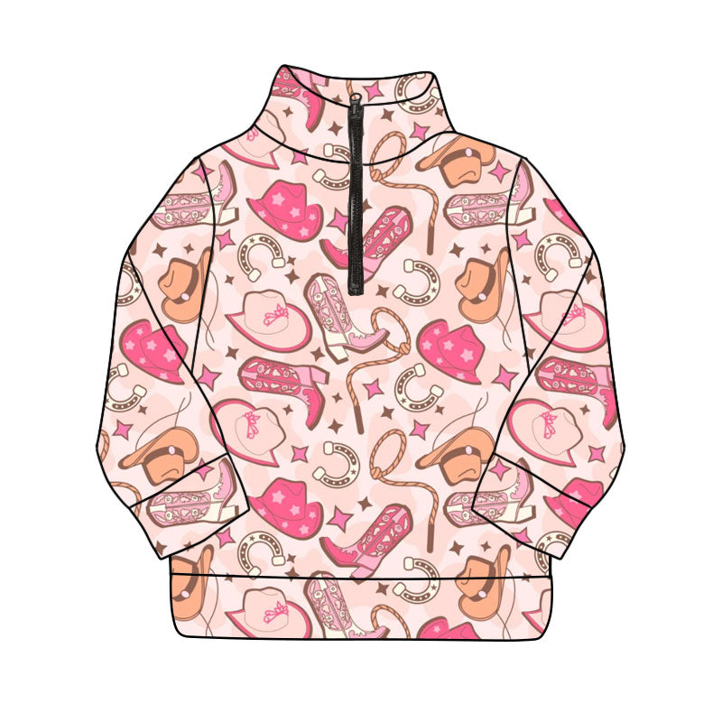 MOQ 8 Preorder GT1210 Cowgirl Hat Boots Pink Zip up Collar Long Sleeve Girls Yoga Tops 202509