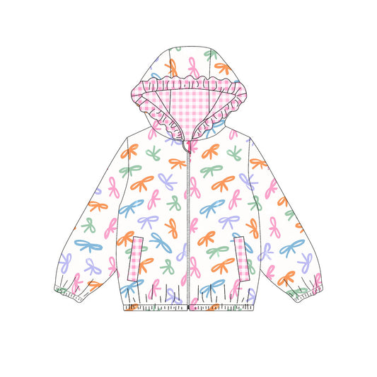 MOQ 8  preorder GT1216 Colored Bows Pattern Pink Plaid Ruffle Zippy Hooded Long Sleeve Girls Top 202509