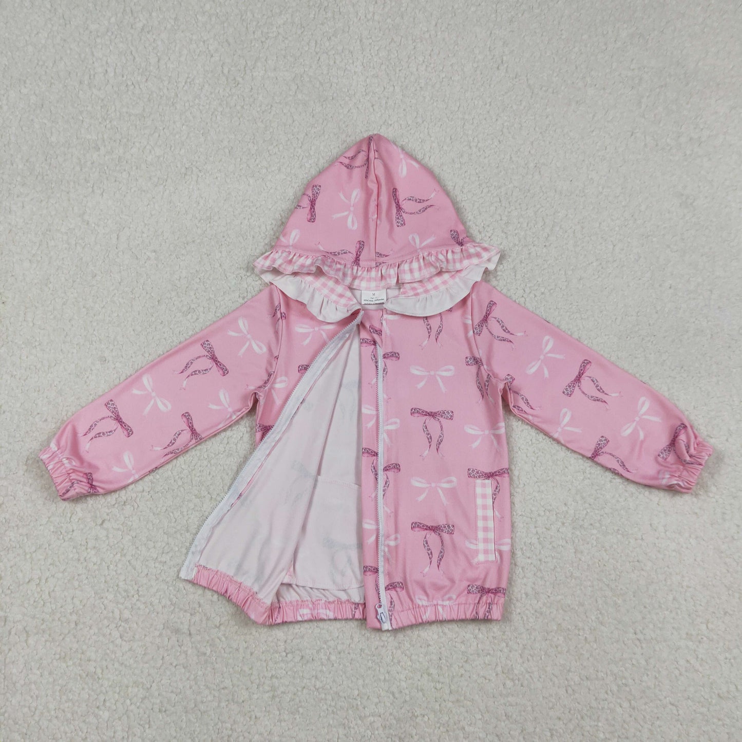 GT1217 Pink Bows Pattern Plaid Ruffle Zippy Hooded Long Sleeve Girls Top 202512 RTS