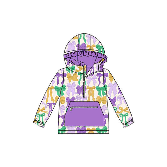 MOQ 8 preorder GT1222 Mardi Grass Bows Purple Ruffle Zip Collar Pocket Hooded Long Sleeve Girls Top 202509