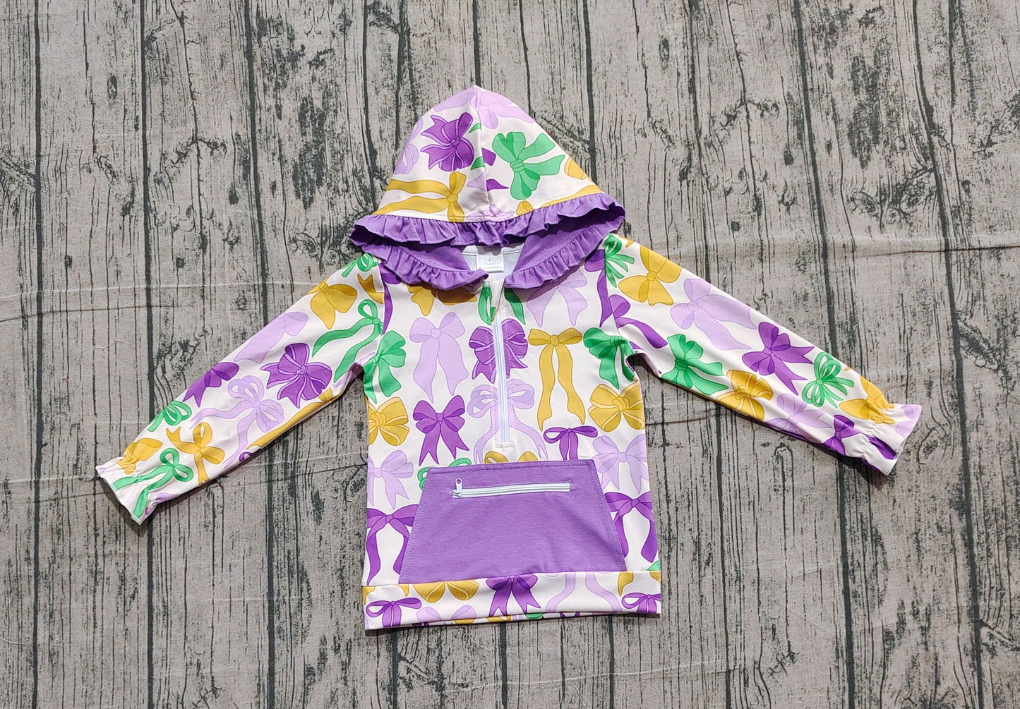 NO MOQ preorder GT1222 Mardi Grass Bows Purple Ruffle Zip Collar Pocket Hooded Long Sleeve Girls Top 202510