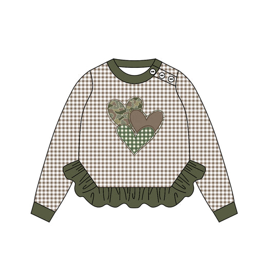 MOQ  8 preorder GT1225  Valentine's Day Love Army Green Plaid Long Sleeve Girls Top 202509