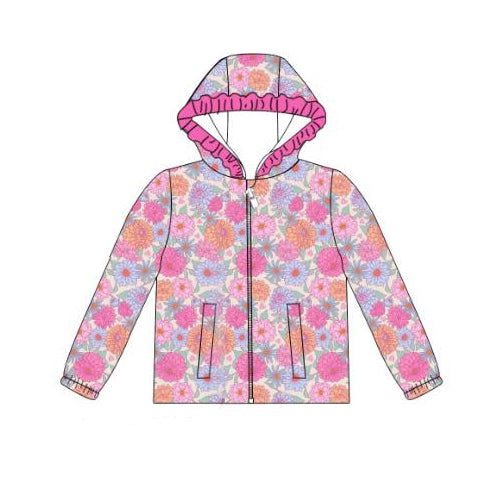 MOQ 8 preorder GT1230 Flower Rose Red Ruffle Zipper Hooded Long Sleeve Girls Top 202509 Sibling