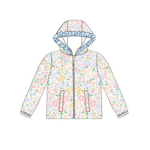 MOQ 8 preorder GT1231 Floral Blue Ruffle Zipper Hooded Long Sleeve Girls Top 202509 Sibling
