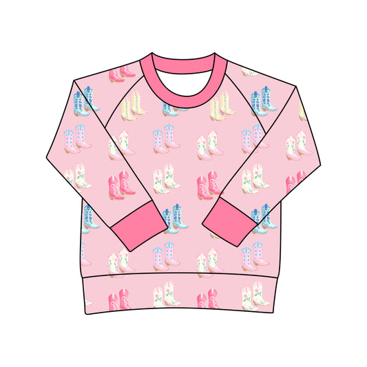 MOQ  8 preorder GT1238 Cowgirl Boots Pattern Long Sleeve Girls Top 202509
