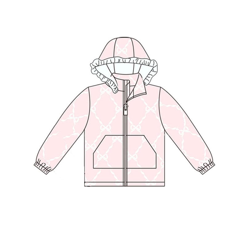 MOQ 8 preorder GT1246 Bows Ruffle Pink Pocket Zipper Hooded Long Sleeve Girls Top 202509