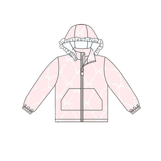 MOQ 8 preorder GT1246 Bows Ruffle Pink Pocket Zipper Hooded Long Sleeve Girls Top 202509