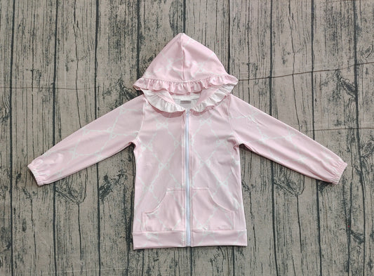 NO MOQ preorder GT1246 Bows Ruffle Pink Pocket Zipper Hooded Long Sleeve Girls Top 202511