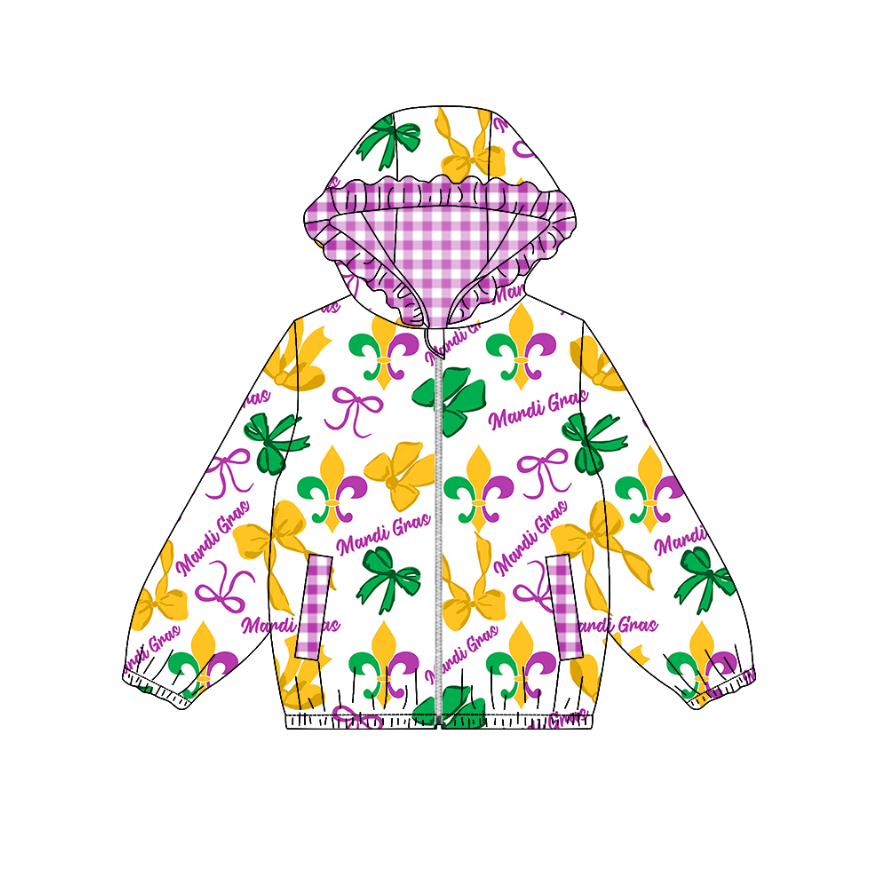 MOQ 8 preorder GT1250 Mardi Gras Purple Plaid Ruffle Hooded Zipper Long Sleeve Girls Top 202509