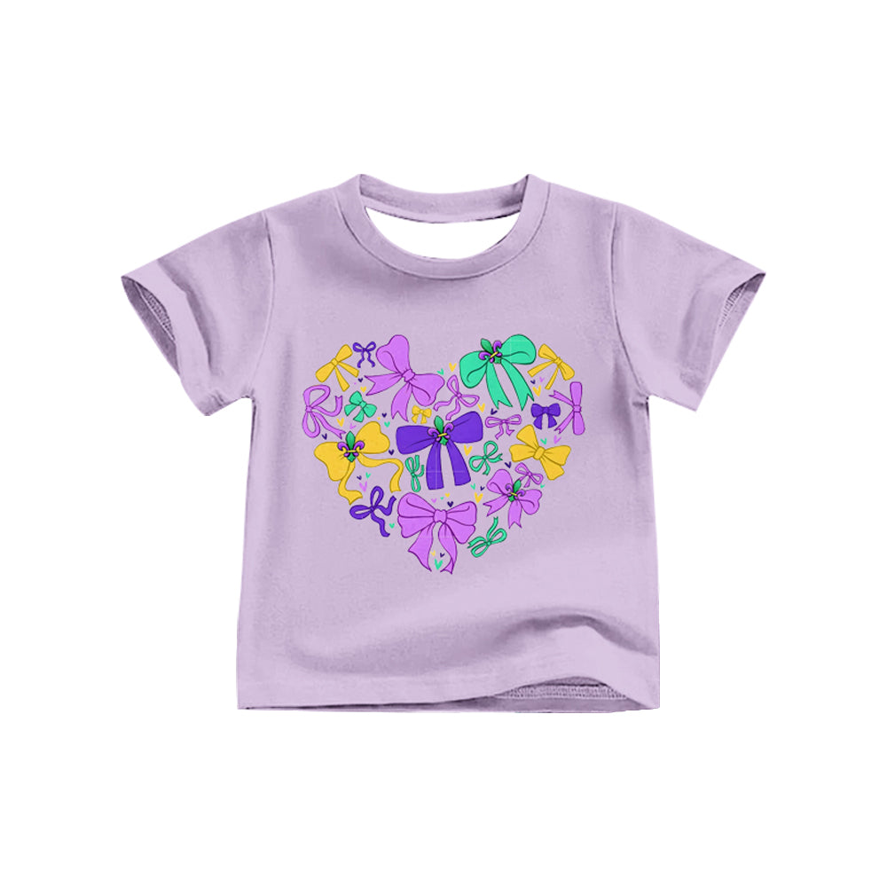 MOQ  8 preorder GT1255 Mardi Gras Bows Light Purple Short Sleeve Girls Top 202509