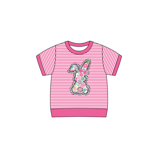 MOQ  8 preorder GT1259 Easter Bunny Flower Stripe Rose Red Short Sleeve Girls Top 202509