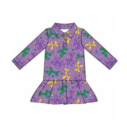 MOQ  8 preorder GT1260 Mardi Gras Purple Polo Long Sleeve Girls Ruffle Top 202509