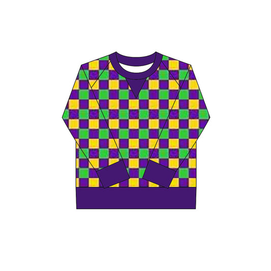 MOQ 8 Preorder GT1264 Mardi Gras Purple Plaid Long Sleeve Girls Yoga Tops 202509