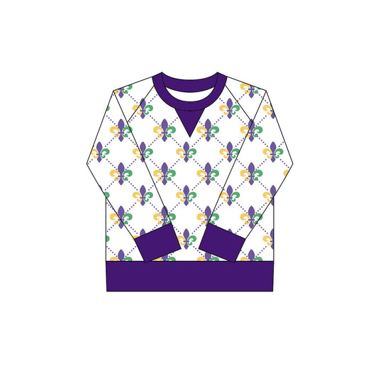 MOQ 8 Preorder GT1267 Mardi Gras Polka Dot Plaid Purple Long Sleeve Girls Yoga Tops 202509