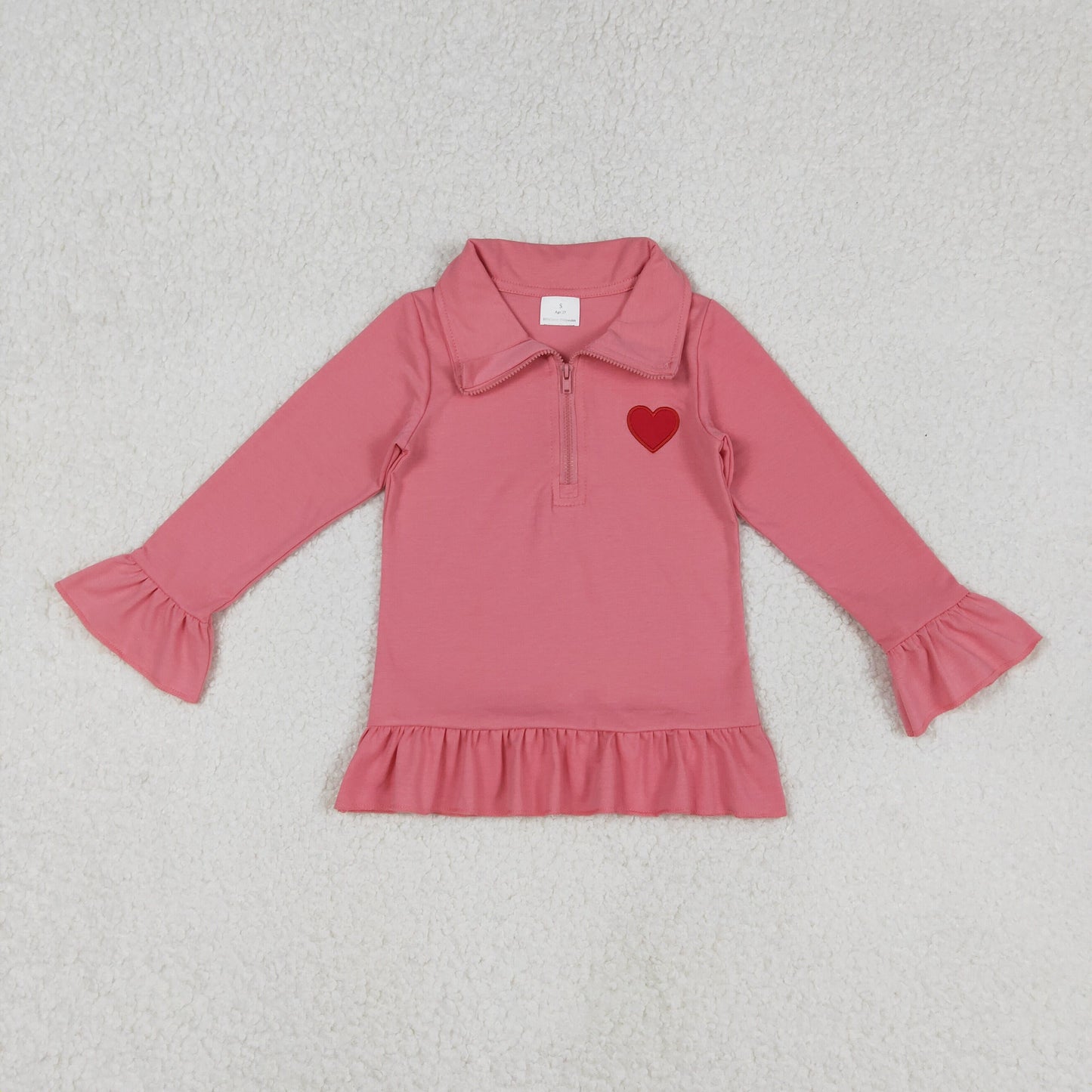 GT1271 Valentine's Day Embroidered Love Pink Red Zip up Collar Long Sleeve Girls Top 202511 RTS