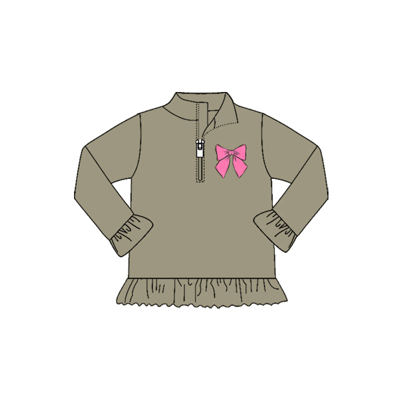 MOQ 8 preorder GT1272 Valentine's Day Bows Army Green Zip up Collar Long Sleeve Girls Top 202509