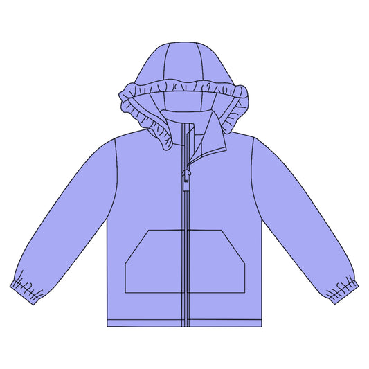MOQ 8 preorder GT1275 Solid Blue Purple Ruffle Hooded Zipper Long Sleeve Girls Top 202509