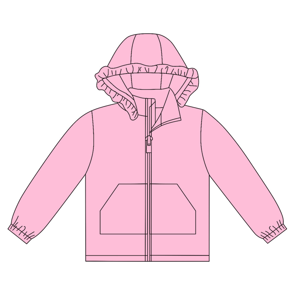 MOQ 8 preorder GT1276 Solid Pink Ruffle Hooded Zipper Long Sleeve Girls Top 202509