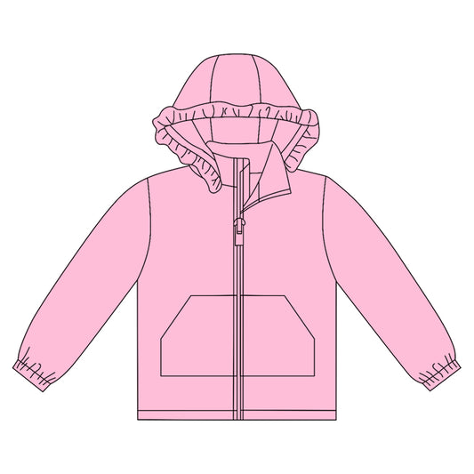MOQ 8 preorder GT1276 Solid Pink Ruffle Hooded Zipper Long Sleeve Girls Top 202509