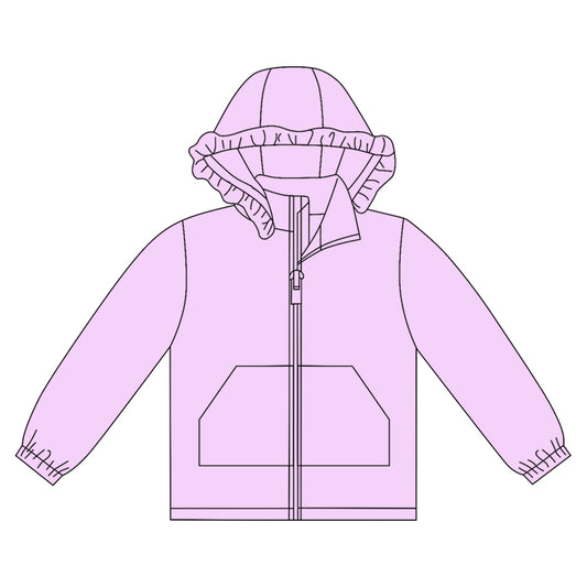 MOQ 8 preorder GT1279 Solid Light Purple Ruffle Hooded Zipper Long Sleeve Girls Top 202509