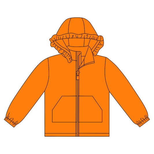 MOQ 8 preorder GT1280 Solid Orange Ruffle Hooded Zipper Long Sleeve Girls Top 202509