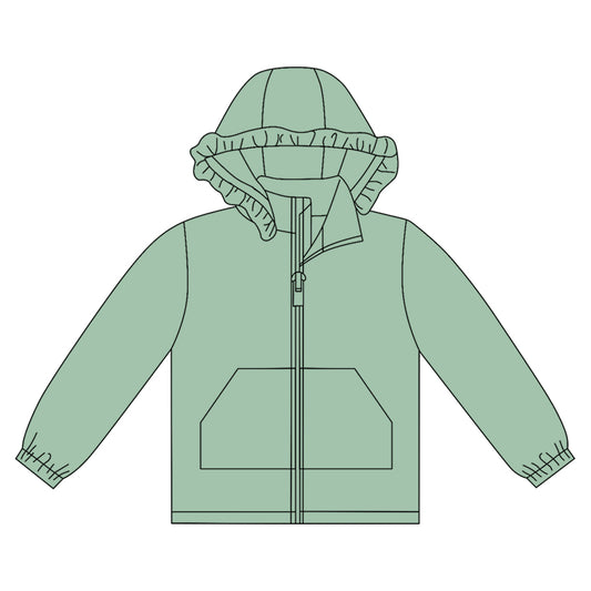 MOQ 8 preorder GT1281 Solid Pea Green Ruffle Hooded Zipper Long Sleeve Girls Top 202509