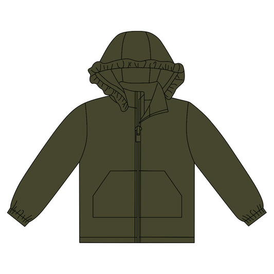 MOQ 8 preorder GT1282 Solid Army Green Ruffle Hooded Zipper Long Sleeve Girls Top 202509