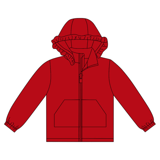MOQ 8 preorder GT1283 Solid Red Ruffle Hooded Zipper Long Sleeve Girls Top 202509