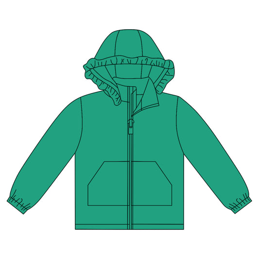 MOQ 8 preorder GT1284 Solid Green Ruffle Hooded Zipper Long Sleeve Girls Top 202509