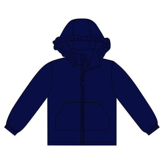 MOQ 8 preorder GT1285 Solid Dark Blue Ruffle Hooded Zipper Long Sleeve Girls Top 202509