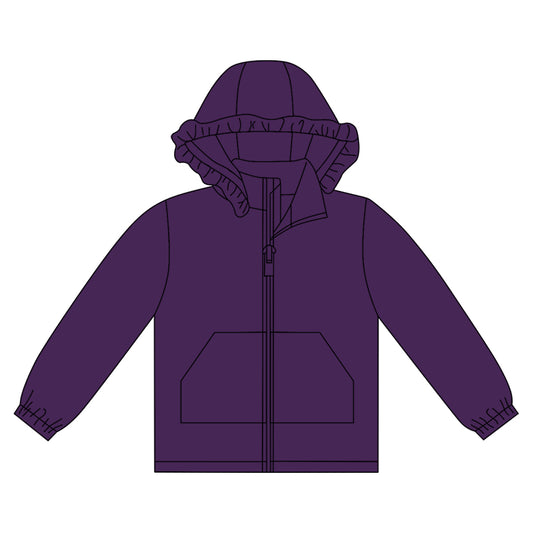 MOQ 8 preorder GT1287 Solid Purple Ruffle Hooded Zipper Long Sleeve Girls Top 202509