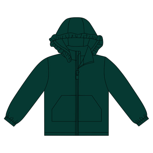 MOQ 8 preorder GT1288 Solid Dark Green Ruffle Hooded Zipper Long Sleeve Girls Top 202509