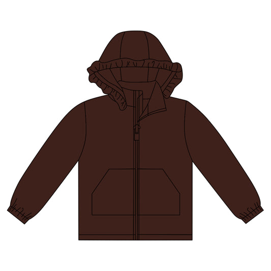 MOQ 8 preorder GT1289 Solid Brown Ruffle Hooded Zipper Long Sleeve Girls Top 202509