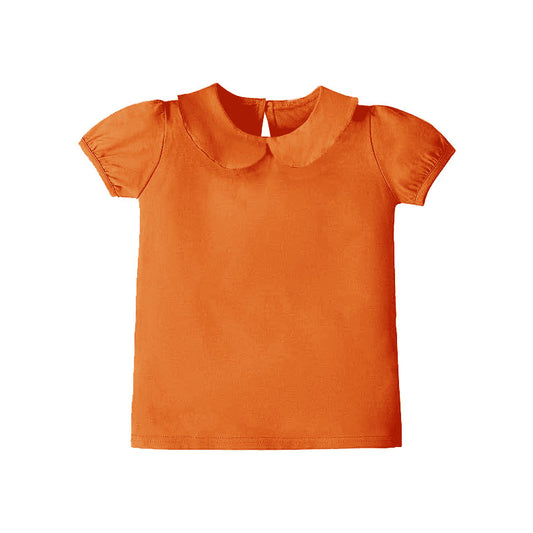 MOQ 8 Preorder GT1303 Solid Orange Doll Collar Short Sleeve Girls Yoga Tops 202510